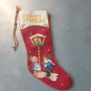 VTG Needlepoint Red Christmas Stocking with Noel Design carolers